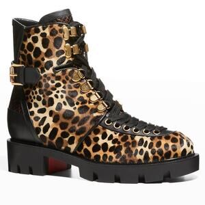 Christian Louboutin Macademia Black Leather Leopard-Print Calf Hair Combat Boots